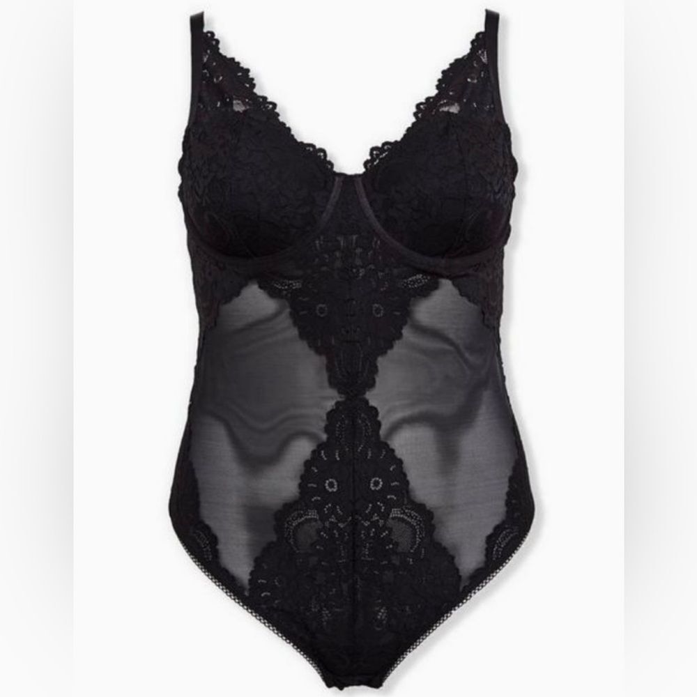 Torrid Black Sexy Lace Mesh Panel One Piece Tummy Control Bodysuit - Picture 4 of 7